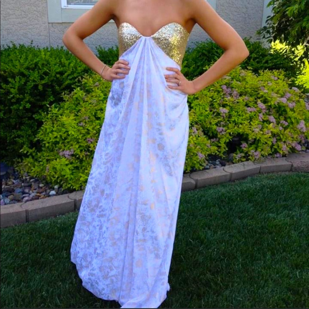 La Femme Gold and White Strapless Sparkly Prom Dress
